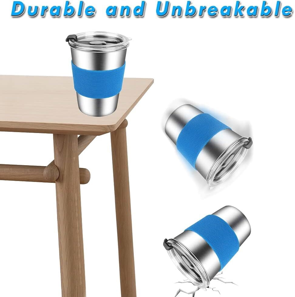 LQQBOX Stainless Steel Cups, 5 Pack 12oz Kids Drinking Glasses Spill Proof Metal Tumblers Cups with Lids and Straws for Kids and Adults