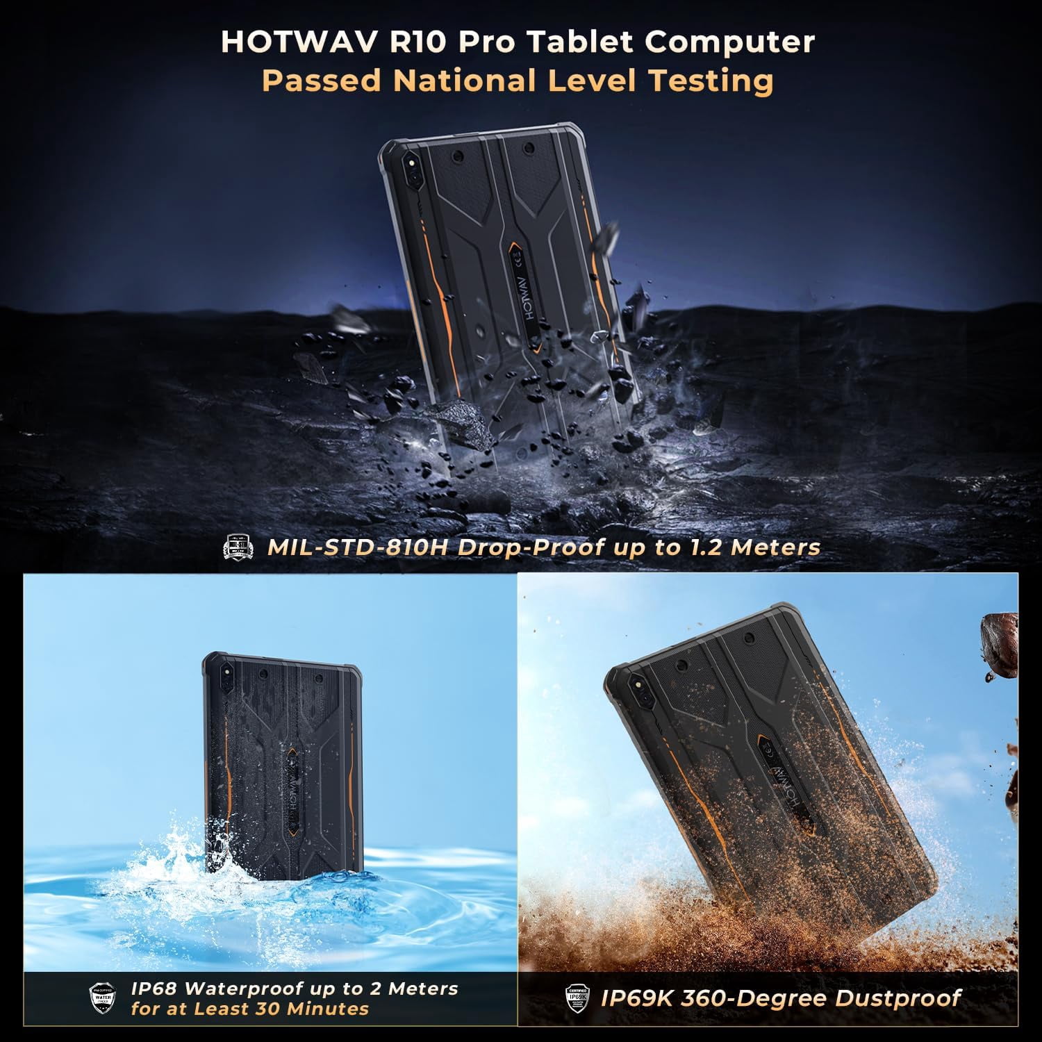 HOTWAV R10 Pro Rugged Tablet, 20GB 256GB/TF 1TB Android 14 Tablet, 10.1inch HD Waterproof Tablets, 10800mAh Battery