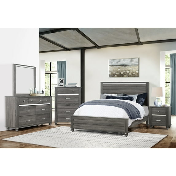 Neala Gray Panel Bedroom Set Special King 4 Piece: Bed, Dresser, Mirror, NightStand