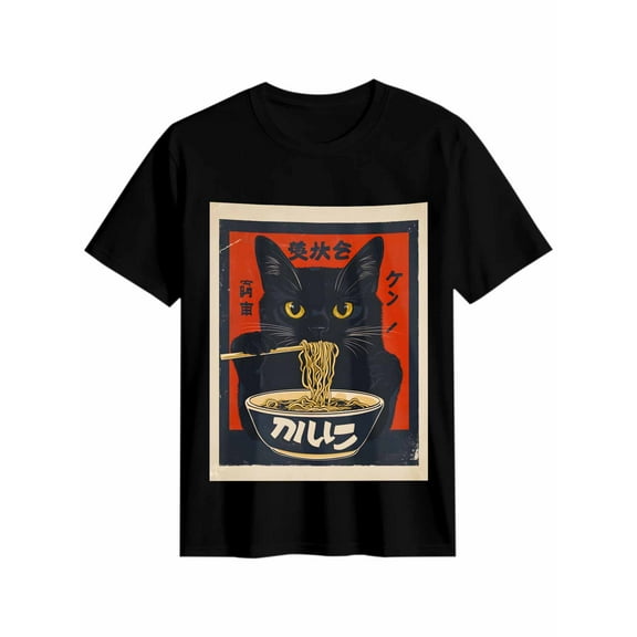 Women's T-Shirt Vintage Japanese Cat Quirky Black Cat Eating Ramen Short Sleeve Casual Tee Classic Crew Neck T Shirt for Women Black, 3XL