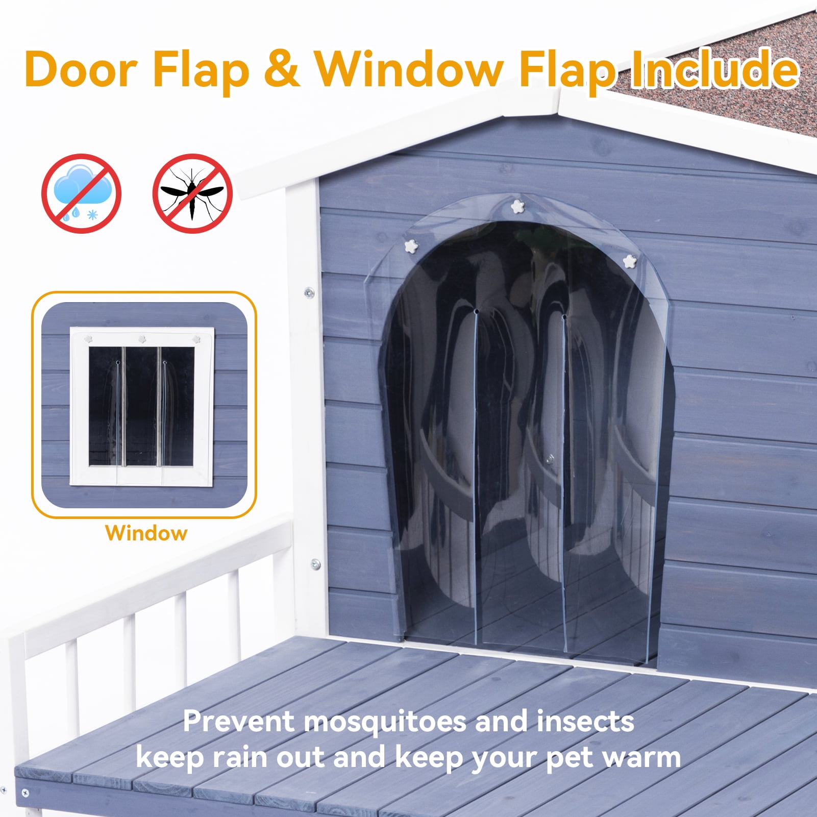 Noaman Large Wooden Dog House Indoor Outdoor with Terrace, Waterproof Asphalt Roof, Raised Floor & Windows, Grey, 45"L x 54"W x 33"H for Small & Medium Dogs