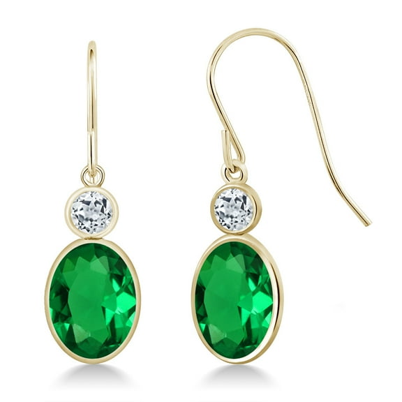 Gem Stone King 14K Yellow Gold Green Nano Emerald and White Topaz Hook French Fish Ear Wire Dangle Earrings for Women (2.58 Cttw, Gemstone May Birthstone, Oval 8X6MM, Round 3MM)
