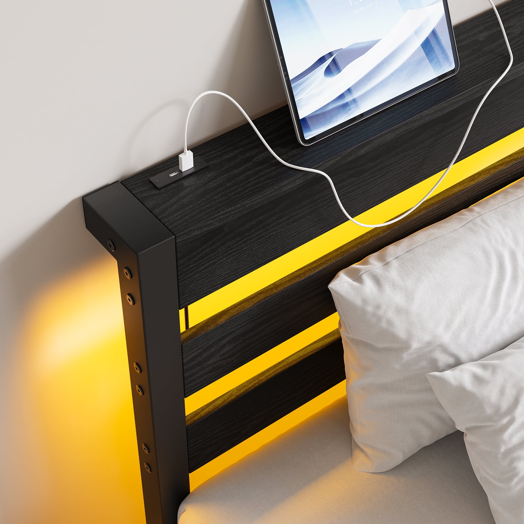 Yoneston Twin Size Bed Frame with LED Night Storage Headboard and USB Charging Station, 11" Black Duty Metal Platform Bed for Kids Childs Teens