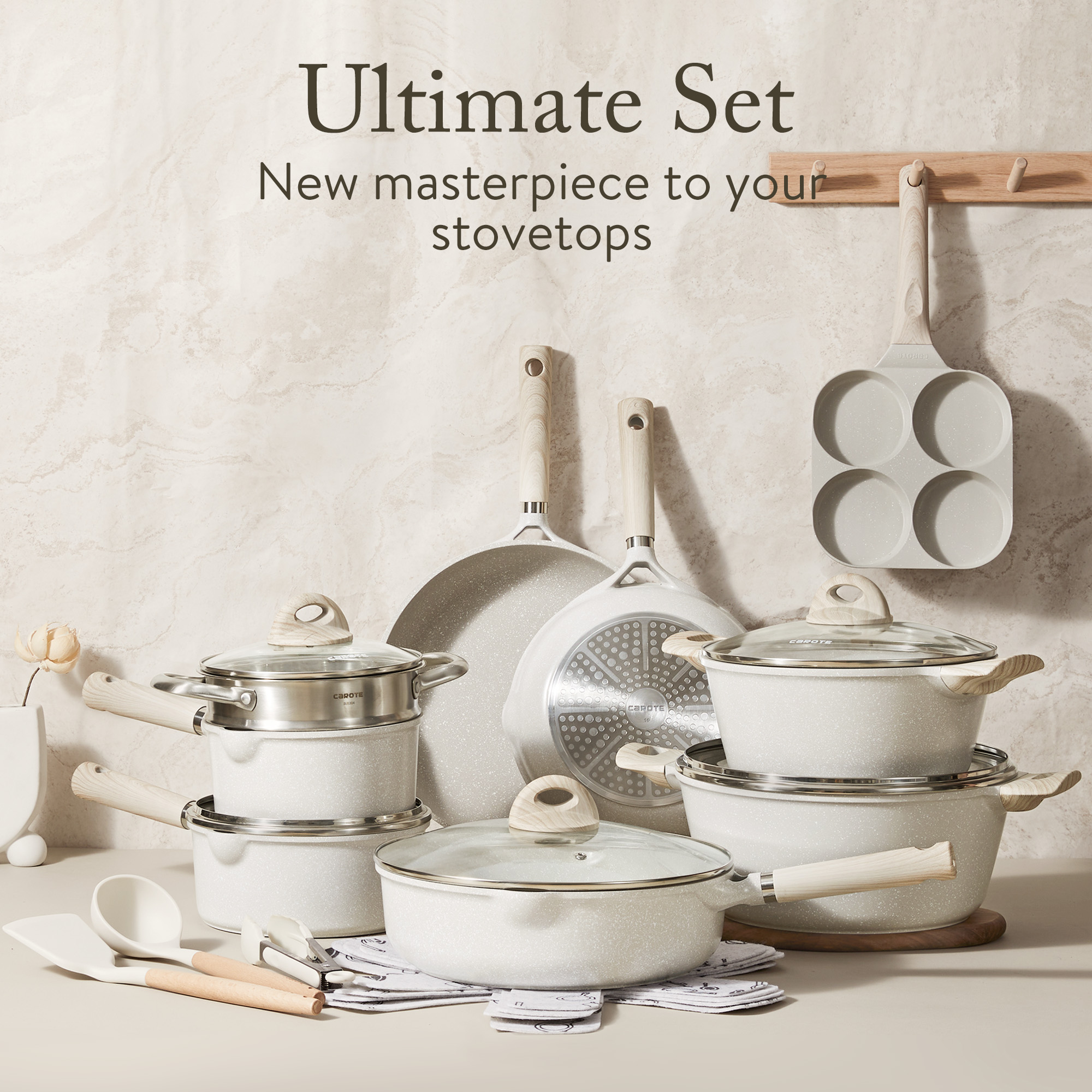 Carote Nonstick Pots and Pans Set, 21 Pcs Induction Kitchen Cookware Sets (Beige Granite) - image 3 of 7