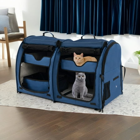 Demi Bonn 40  Portable Twin Compartment Show House Cat Cage/Condo  Fold Kennel Dog Travel Crate with Carry Bag  2 Removable Hammocks and Collapsible Litter Box  Blue