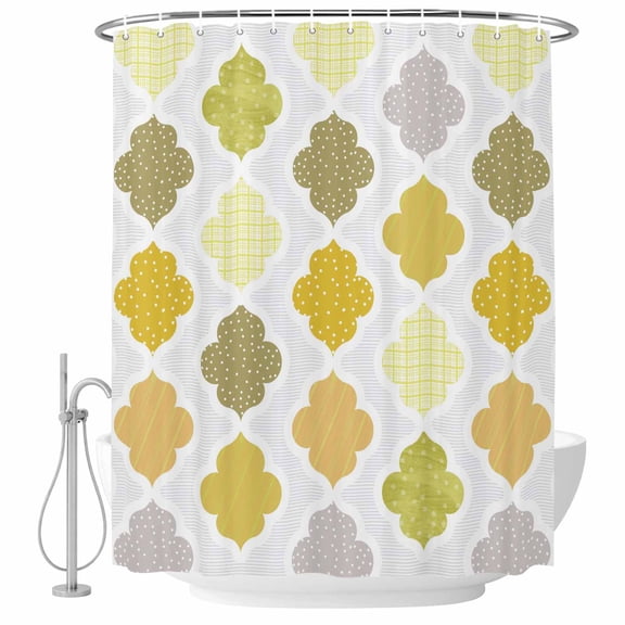 Yellow Orange Moroccan Shower Curtain, Waterproof Shower Curtains for Bathroom, Vintage Boho Geometric Pattern Gray Washable Fabric Bathtub Curtain Set Bath Decor with 12 Hooks 48"x72"