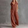 thumbnail image 2 of QIYAGBSA Jumpsuits for Women Cotton Linen Short Sleeve Zip Front Wide Leg with Pockets Soft Casual (Brown, M), 2 of 6