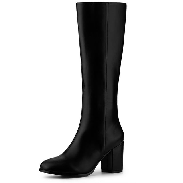 Unique Bargains Women's Knee High Block Heels Round Toe Zip Boots