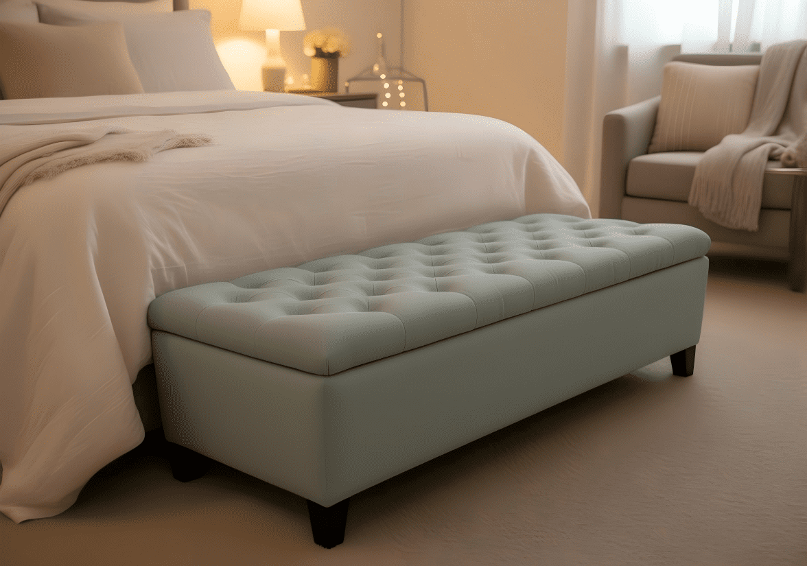 Storage Ottoman Bench, Upholstered Ottoman, Bench with Safety Hinges and Extra Seating, Solid Wood Frame for Living Room, Dining Room, Entryway, Hallway, 50.25 Inch Wide, Baby Blue