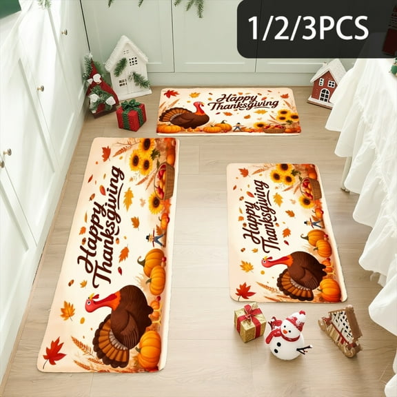 3PCS Kitchen Mat set,Welcome Door Flannel Rug,Home Decor for Front Door,Kitchen, Bathroom,Happy Thanksgiving Pumpkin Turkey Sunflower ,Gifts for family and friends.