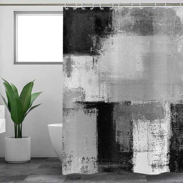Cortina de ducha negra, acuarela negra, pinceladas contemporáneas, pintura al óleo, cortina de baño geométrica abstracta, decoración de bañera, tela impermeable, lavable a máquina, con ganchos