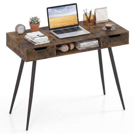 Costway Computer Desk with Drawers, Open Storage Compartment for Small Spaces, Office Rustic Brown