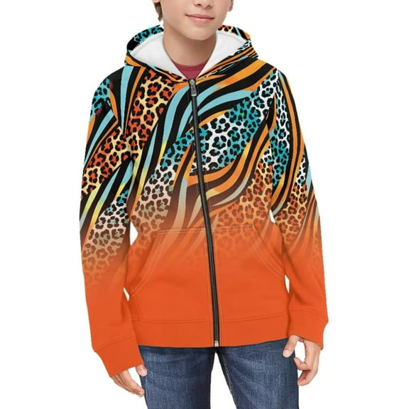 FUIALDOLG Girls Cute Graphic Print Zip Up Hoodies with Pocket Orange Leopard Zebra Stripe Print Comfort Soft Hooded Sweatshirts Winter Warm Fleece Jacket 6-7 Years