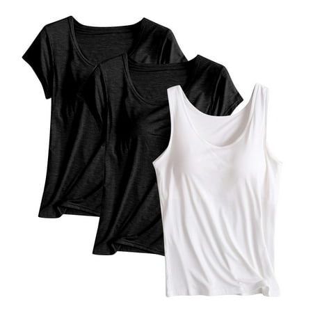 JGGSPWM Women s Tank Top with Built-in Padded Bra Modal Stretch Camisole Yoga Undershirt Cami Tops 3 PCS Gray 2XL