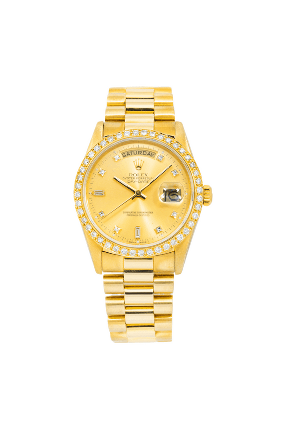 Pre-Owned Rolex Day-Date 18238 36MM Champagne Baguette Diamond Dial With Yellow Gold Diamond Bezel