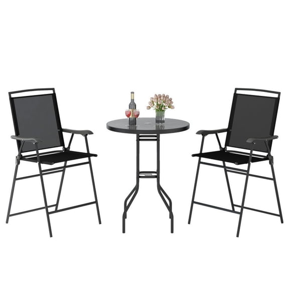 Spaco 3 Pieces Outdoor Bar Stool Set with DPC Tabletop and Umbrella Hole for Poolside, Outdoor Chairs, Patio Chair, Outdoor Patio Furniture-Black