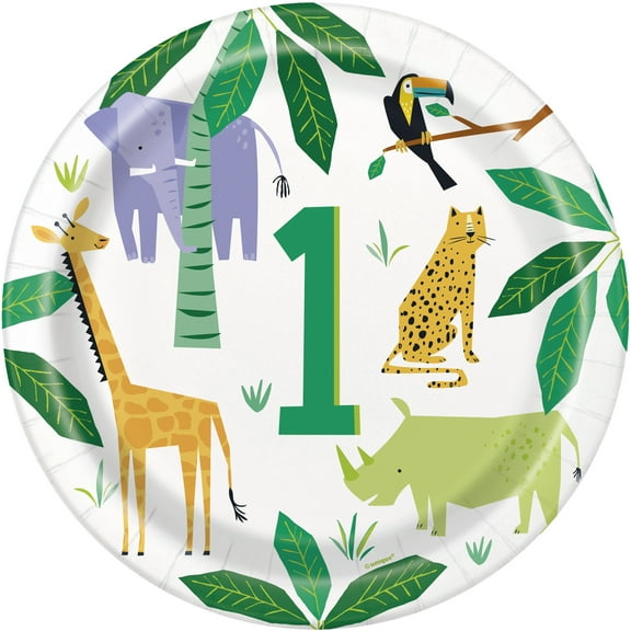 Animal Safari 1st Birthday Round Dinner Plates I Disposable I 8 Pcs.
