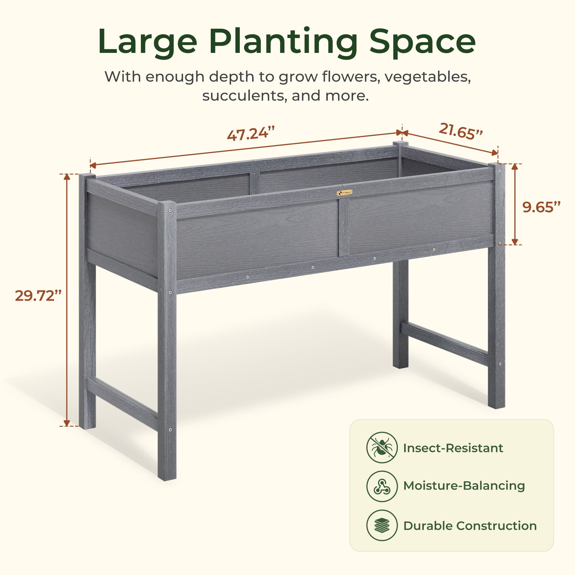 TT Nature Raised Garden Bed 47x22x30 in HDPE Elevated Planter Box for Vegetables, Herbs, Flowers - Outdoor Garden Bed for Patio, Balcony, Backyard