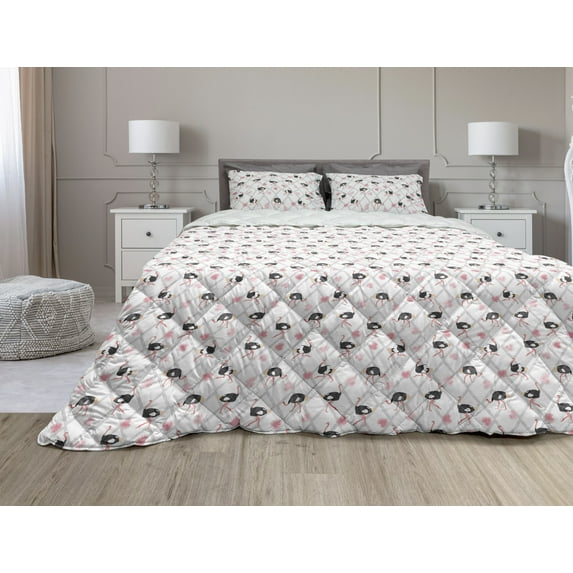 Ostrich Comforter & Sham Bedding Set, Palm Leaves on a Rhombus Outline Background, 3 pcs Duvet Set Microfiber Filling Quilt, 5 Sizes, Pale Pink Dark Grey, by Ambesonne