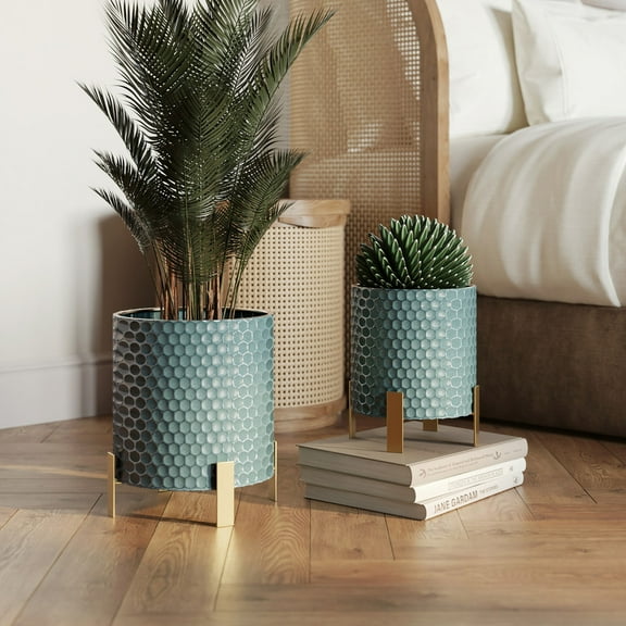 2-Piece Honeycomb Metal Planter Pot With 4-Leg Gold Metal Base - Blue-Green - 12"H x 11"W / 10"H x 9"W