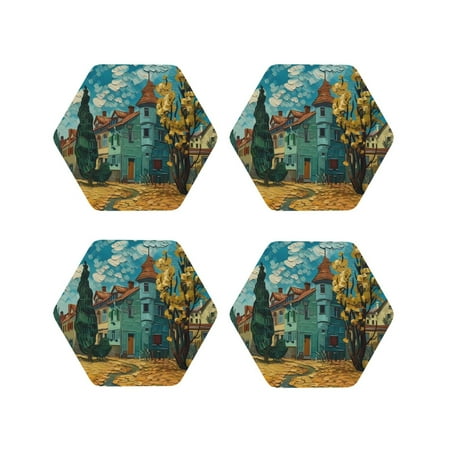

Tideii Impressionist Village Sky for Leather Coasters 4 Pieces Anti-fouling and Anti-scalding Decorative Coasters Suitable for Restaurants Kitchens Coffee Shops-Hexagon