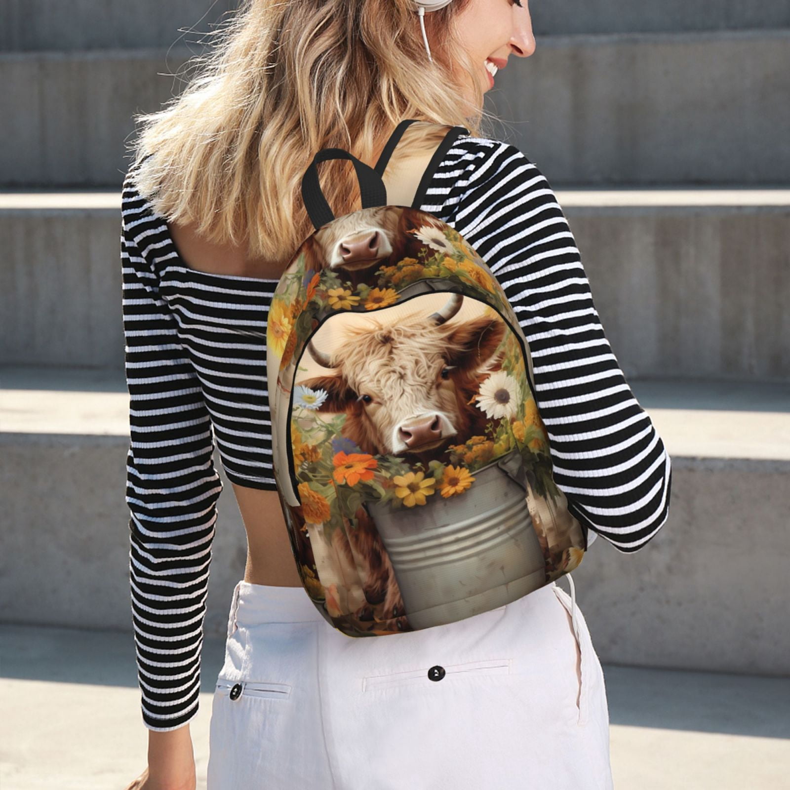 Picia Bucket Flower Cow Printed Canvas Daypack - Stylish and Durable Vintage Compact Backpack - Class, Work, Travel, or Laptop Bookbag,Organized Compartments-Small