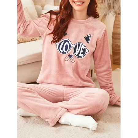 

Women‘s Two Piece Fuzzy Pajama Lounge Set Pullover & Pants Sleepwear Loungewear