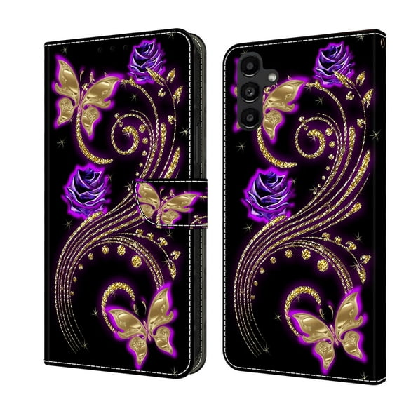 Mantto for Samsung Galaxy A14 5G Wallet Case for Women Men,Fashion Painted Pattern PU Leather Magnetic Clasp Flip Protective Case with Kickstand Card Slots Phone Case,Purple Flowers & Butterflies