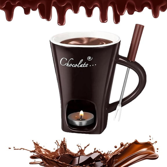 Ceramic Chocolate Fondue Mug Set with Forks & Tealight - Personal Melting Pot for Cheese, Caramel & Dipping