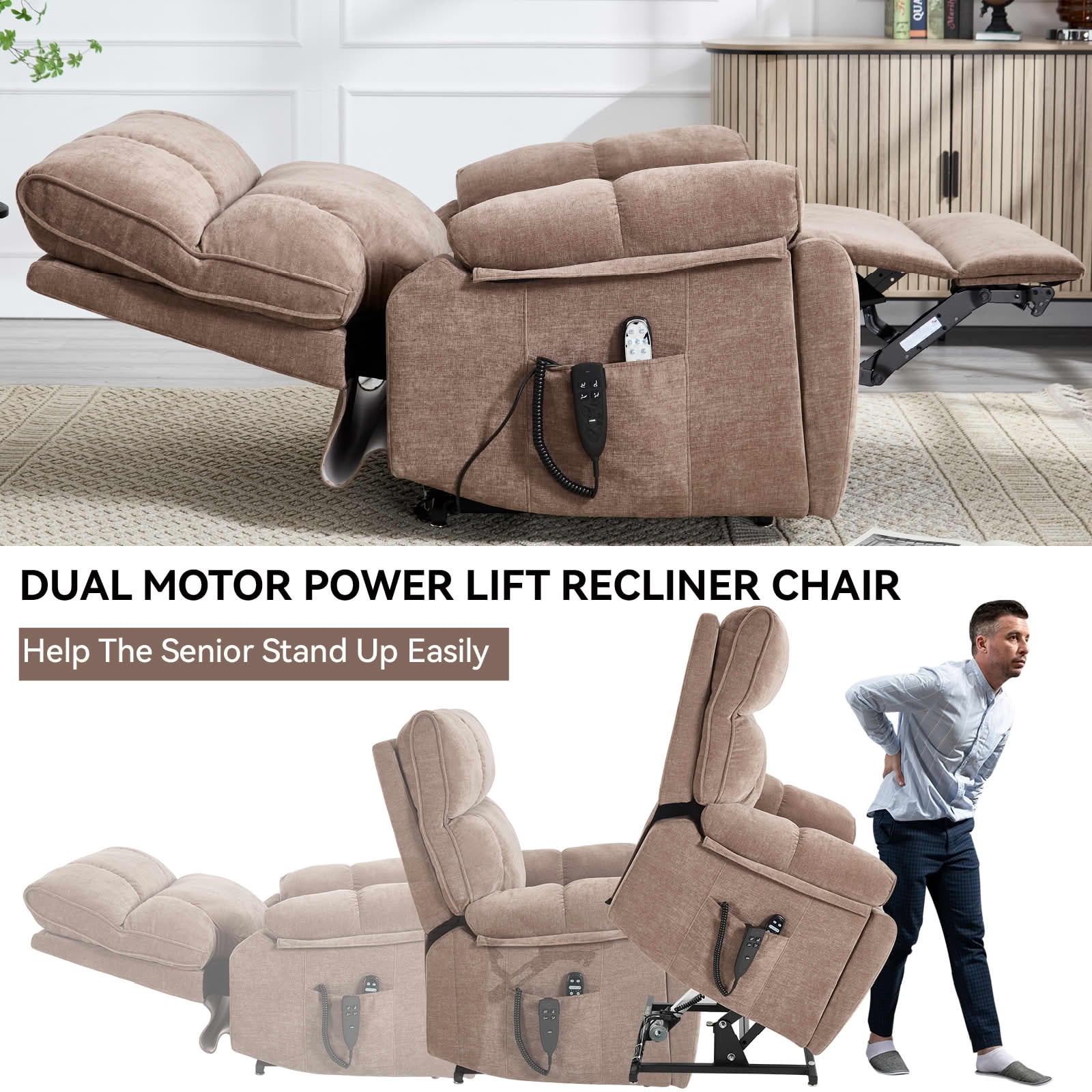 MAYEERTY Brown Dual Motor Power Lift Recliner, 350lbs Infinite Position Massage Heat Hidden Cup Holders for Elderly 41"x37"x42"