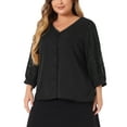thumbnail image 3 of Agnes Orinda Women's Plus Size Lace Floral V Neck 3/4 Sleeves Button Blouse 4X Black, 3 of 6