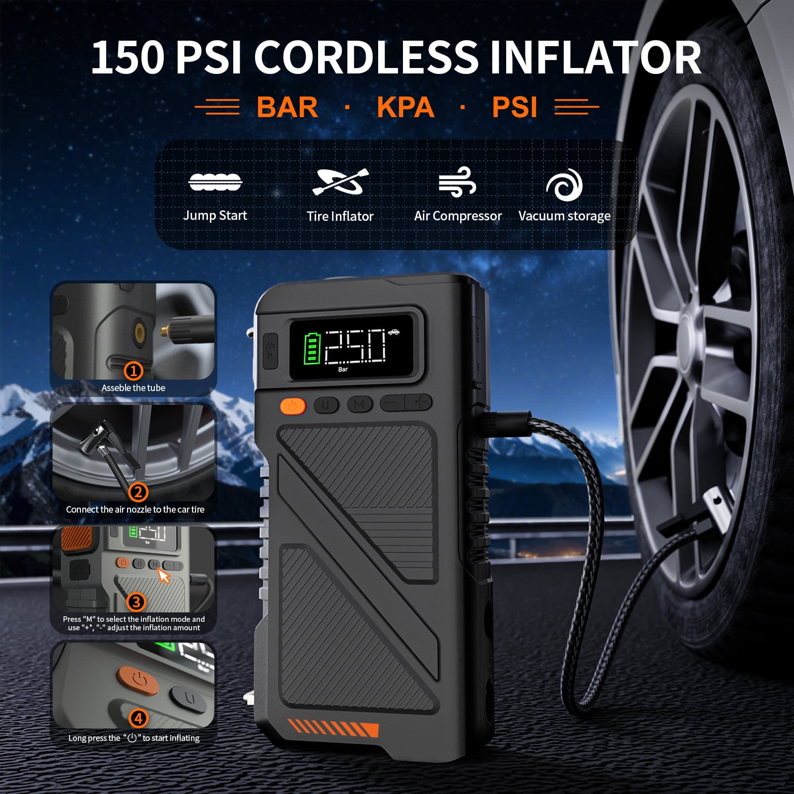 Geeneu 8000A  Peak Battery Jump Starter with Air Compressor, Portable 12V Car Battery Jump Box Power Pack for 10L Gas/9L Diesel Engine with 150PSI Tire Inflator & Extended Jumper Cable
