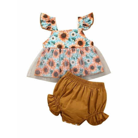 

Suanret 2PCS Baby Girls Summer Set Floral Print Ruffle Sleeveless Tank Top + Elastic Waist Lace Shorts Clothes Brown 9-12 Months