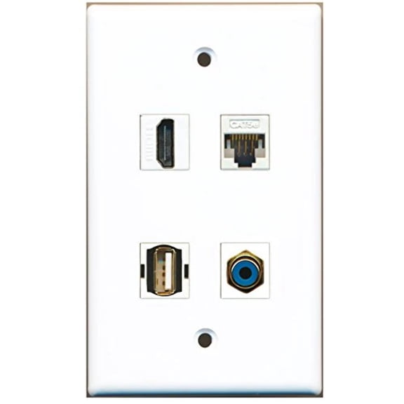 RiteAV - 1 Port HDMI 1 Port RCA Blue 1 Port USB A-A 1 Port Cat5e Ethernet White Wall Plate