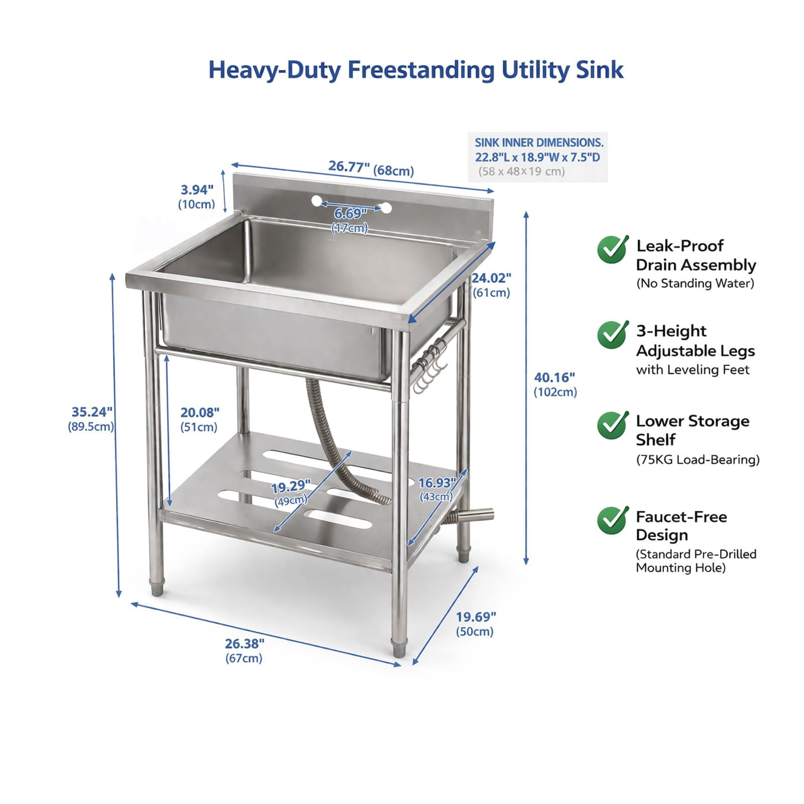 Kicctian Freestanding Stainless Steel Utility Sink,Adjustable Legs, Storage Shelf, Hooks and Backsplash, for Kitchen Garage Farm