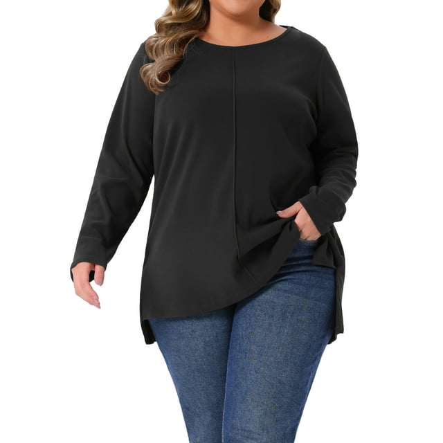 Camisetas de mujer de tallas grandes Agnes Orinda con costuras expuestas, abertura lateral, dobladillo alto-bajo, cuello redondo, manga larga, camiseta casual 3X negra