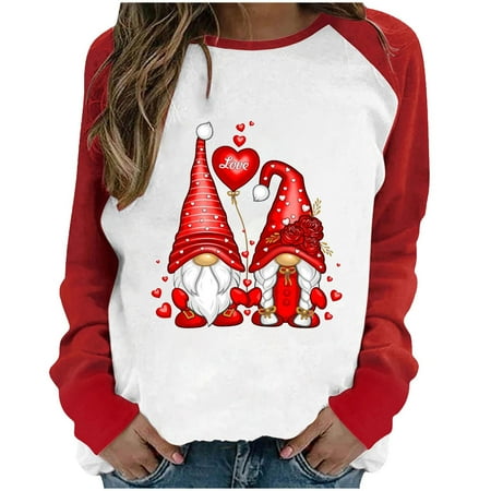 

Haykey Long Sleeve Shirts For Women Womens Tops Women S Spring Patchwork Valentine S Day Printed Long Sleeves Round Neck Casual Tee Tops Corset Top White