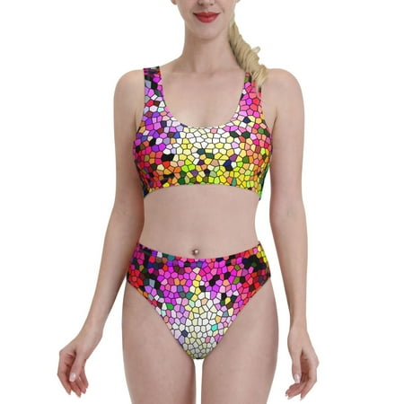 Bixox Colorful Tie Dye Stained Glass 3 Pattern Two-Piece Sports Bikini with U-Shaped Top and High-Waist Bottom - Women s Swimwear with Removable Bra Pads
