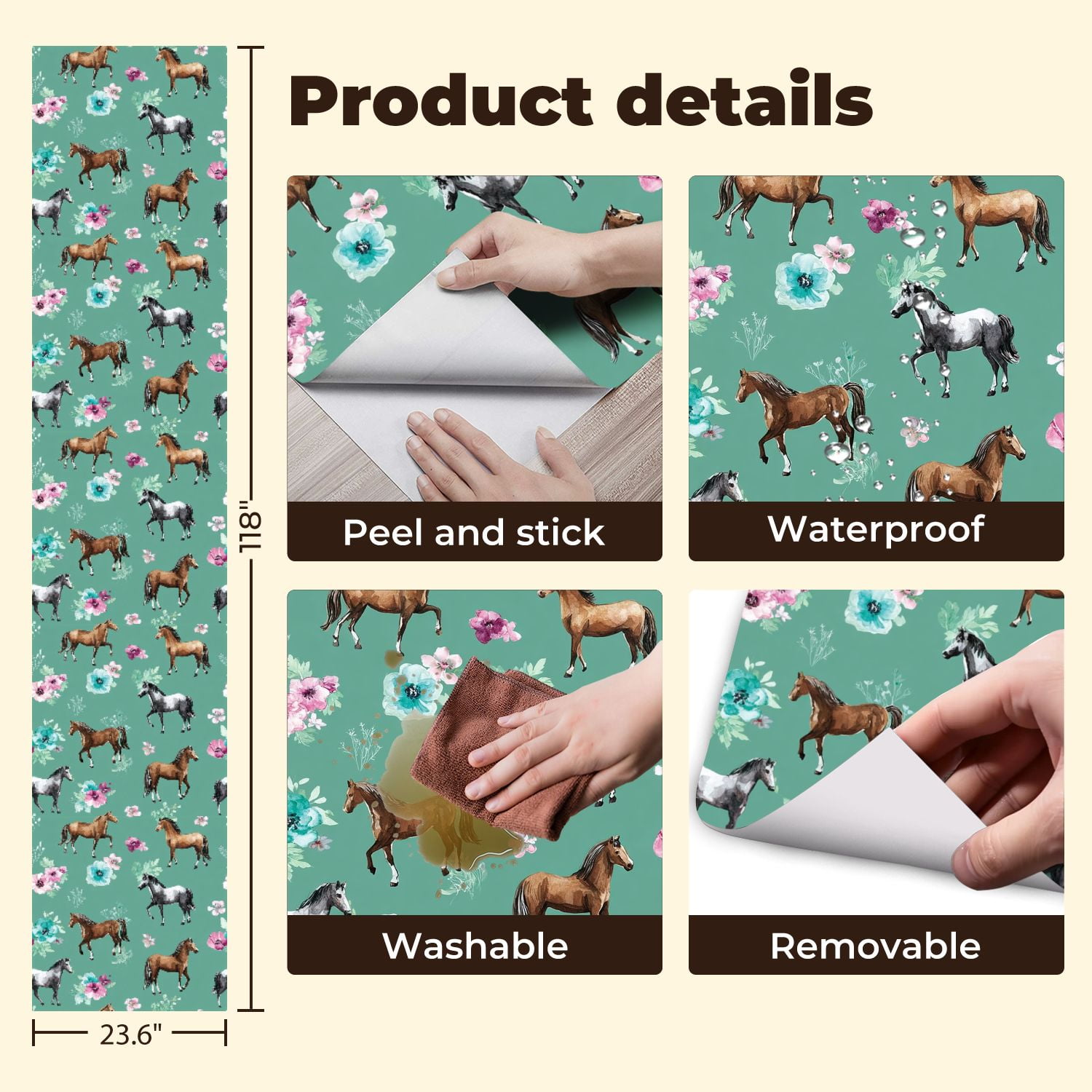 Western Peel and Stick Wallpaper Elegant Horses Floral Green Wall Mural 23.6in x 9.8ft Self Adhesive Removable Wall Paper Renter Friendly Wallpaper for Nursery Bedroom Cabinets