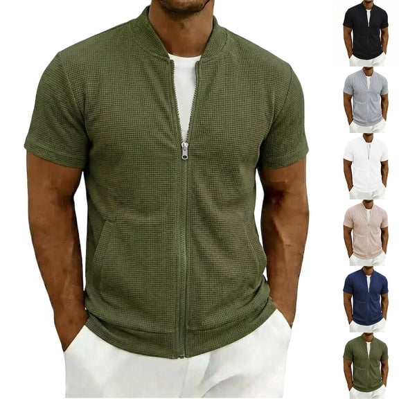 Men's Casual Jacket Quick Dry Polyester, Stand Up Collar Short Sleeve Zip Up Active Top, Lightweight Outdoor Rain Shell, Cycling Running Fishing | Zenithor,Army Green L