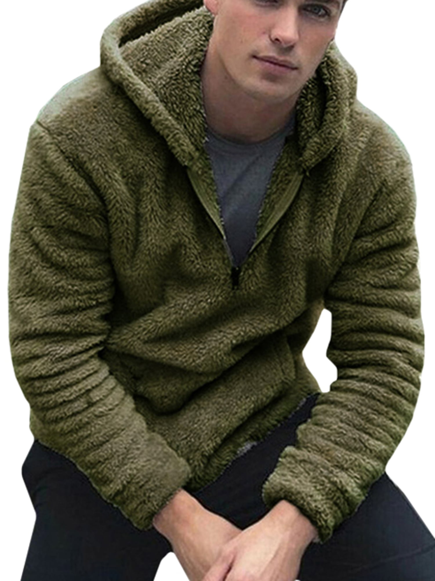 Men's Fluffy Hooded Jumper Teddy Fleece Hoodie Plush Sweatshirt Lightweight Pullover with Pocket Warm Winter Outwear