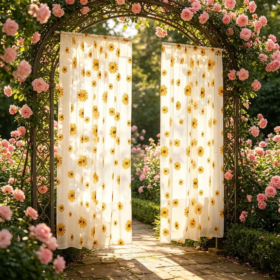 Yhmxh Outdoor Floral Sheer Curtain Panel, Rod Pocket Light Filtering Semi Transparent Waterproof Drape, Sunflower Pattern Breathable Privacy Curtain for Patio, Porch, Balcony, 1 Panel 39.37x78.74in