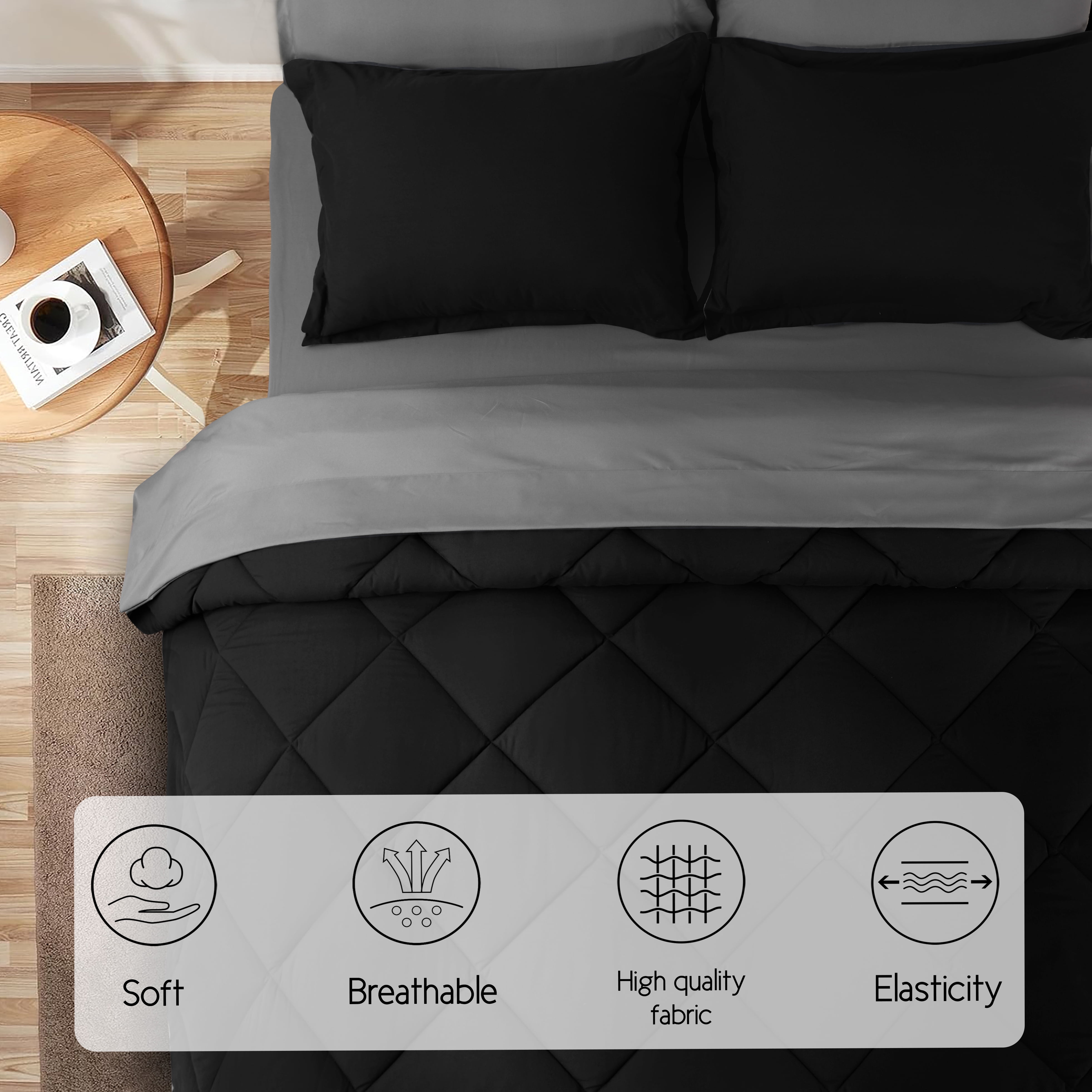 HIG 7 Piece Reversible Queen Comforter Set - Black Quilted Down Alternative Bedding All Season Super Soft Microfiber Bed in a Bag Includes Sheets Pillowcases Shams
