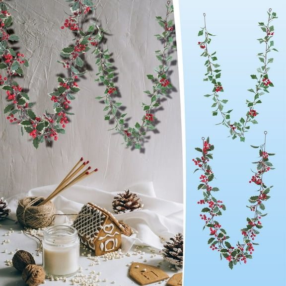Christmas Garland Red Berry Leaf Garland Artificial Holly Leaves Garland for Christmas Tree Mantle Fireplace Winter Holiday Outdoor Indoor Xmas Front Door Window Wall Decorations 5.7Ft