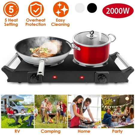 TeqHome Electric Countertop Stove Double Burner Hot Plate 2000W Portable Coil Heating Hot Plate for Cooking Electric Stove Topwith 5 Temperature Adjustments Portable Handles Black