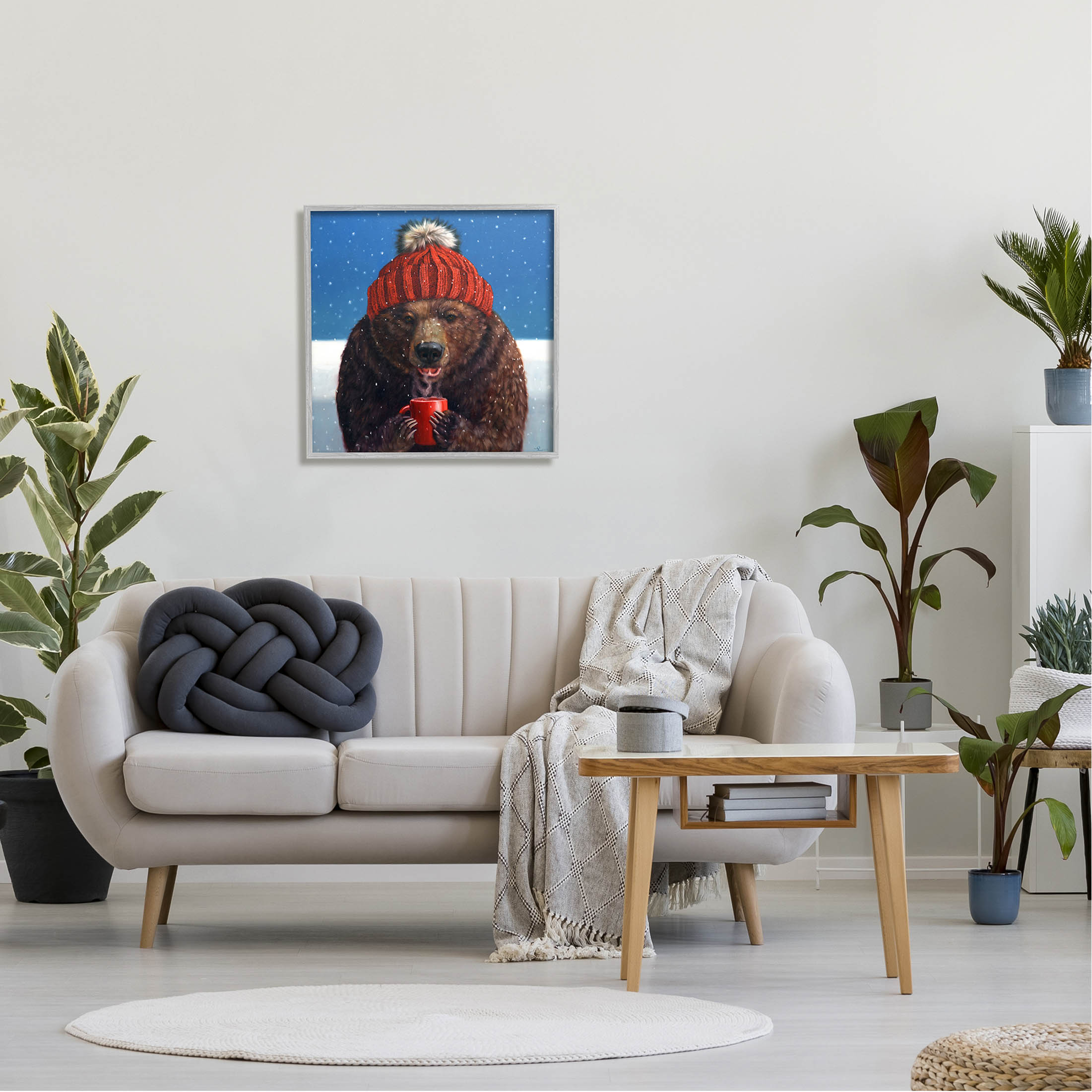 Stupell Industries Chilly Bear Hot Chocolate Snowfall Painting Gray Framed Art Print Wall Art, Design by Lucia Heffernan