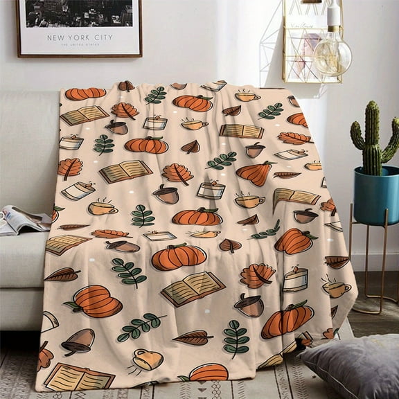 Halloween Pumpkin Flannel Throw Blanket for Sofa, Bed, Travel, Camping, Living Room, Office, Chair, and Bed - Contemporary Style, Digital Print, Soft Warm Knitted Polyester, All-Season Mixed Color