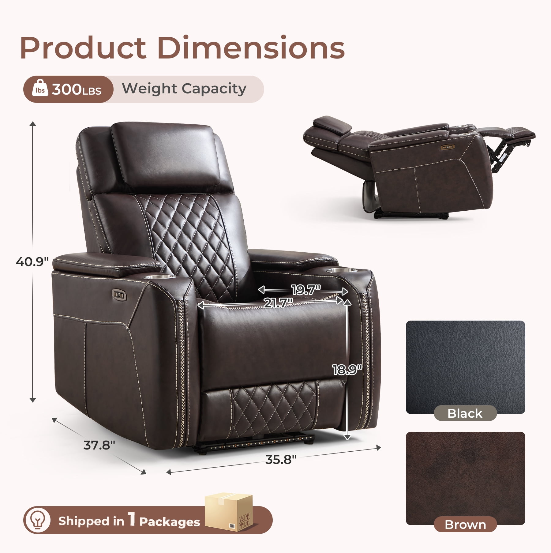 Ebello Dual Motor Power Recliner Chair, Faux Leather Electric Reclining Chair with LED Light Strip, USB Port, Cup Holders & Hidden Storage, Oversized Headrest for Home Theater, Brown