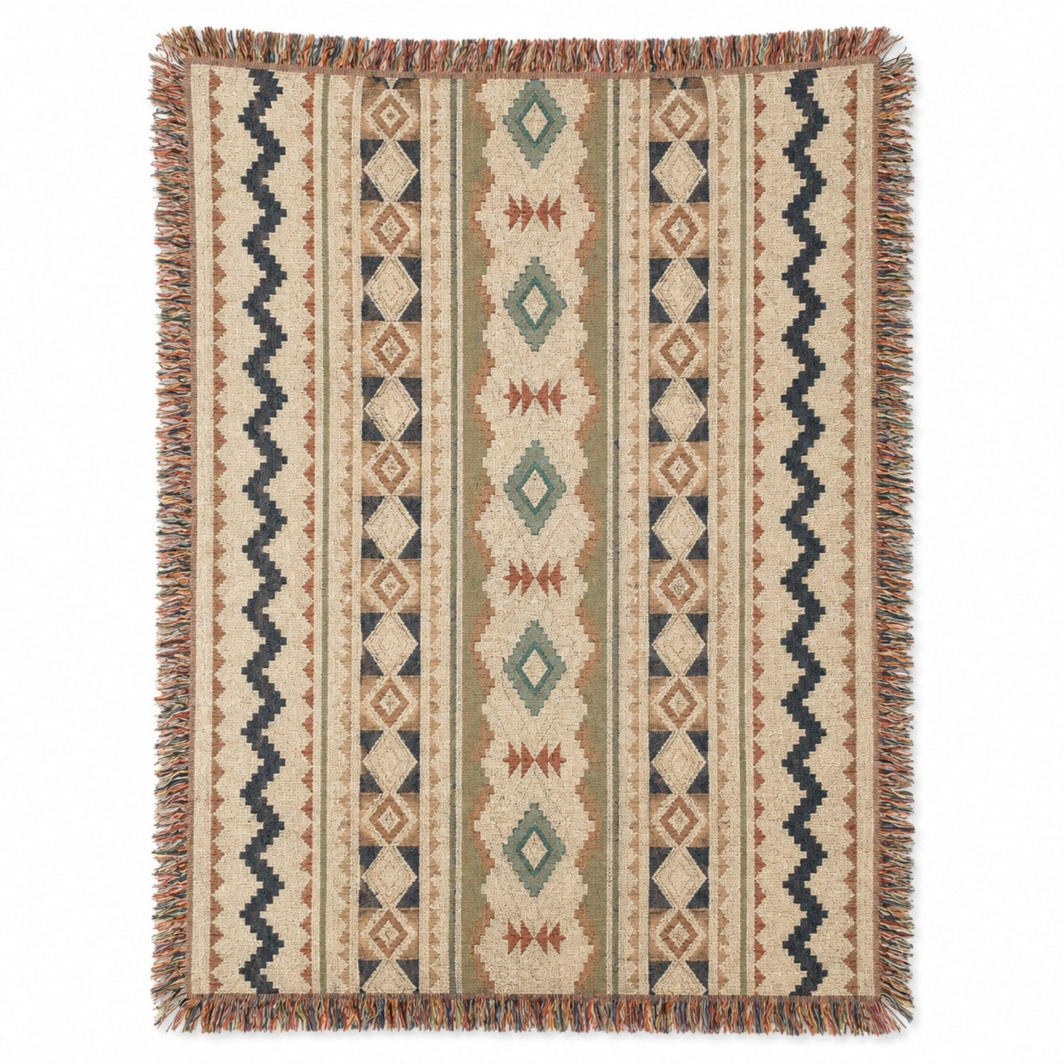 Teal and Beige Southwestern Geometric Woven Cotton Throw Blanket with Fringe Boho Sofa and Bedroom Decor