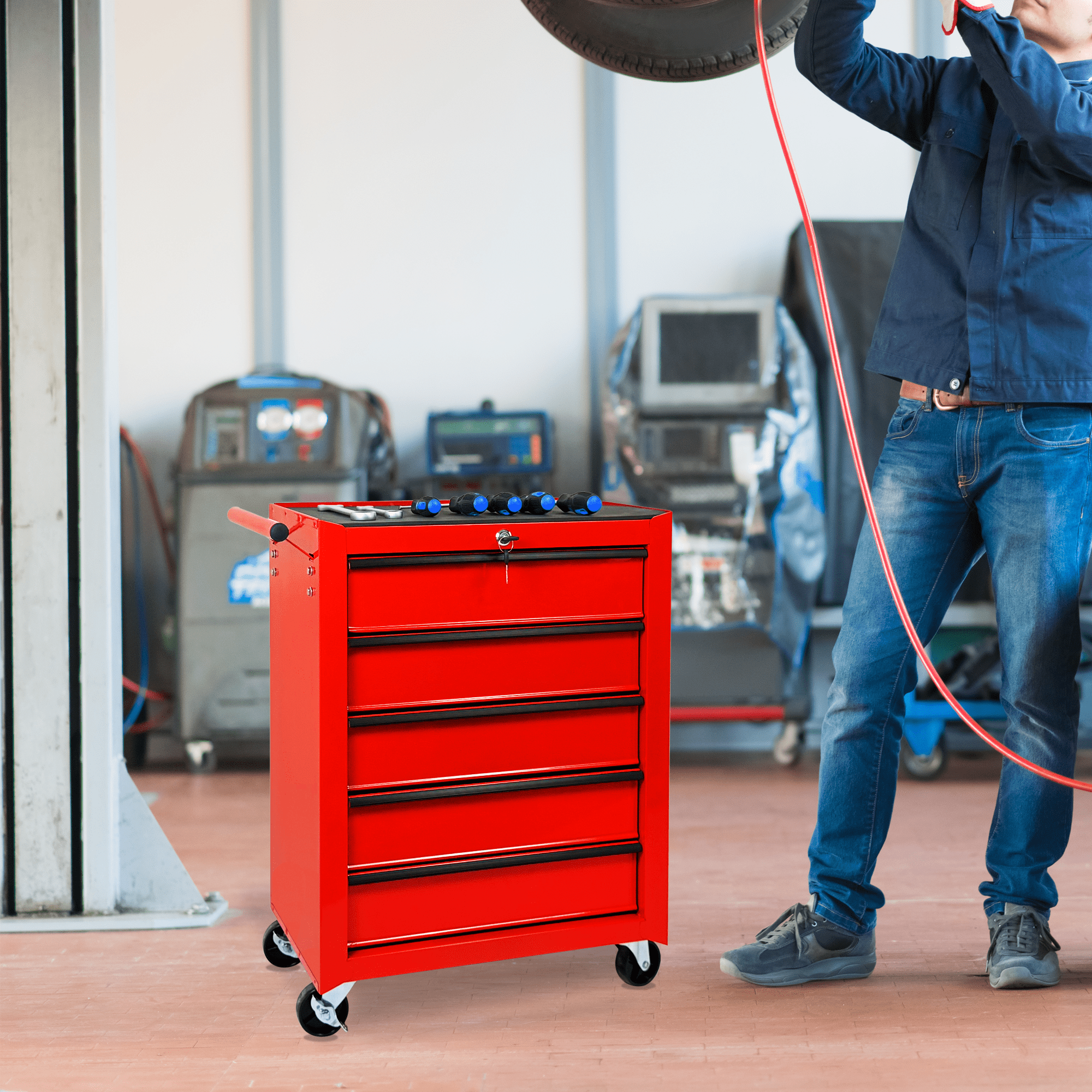Rolling 20-Inch Metal Tool Chest with 5 Drawers and Ball Bearing Slides, Steel Tool Cabinet for Garage and Workshop, Red